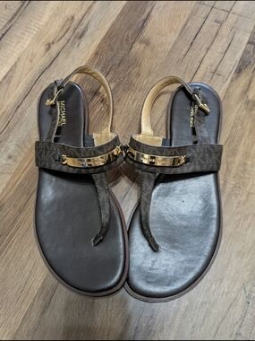 Michael Kors Brown Monogram Gold-Trim Thong Slingback Sandals